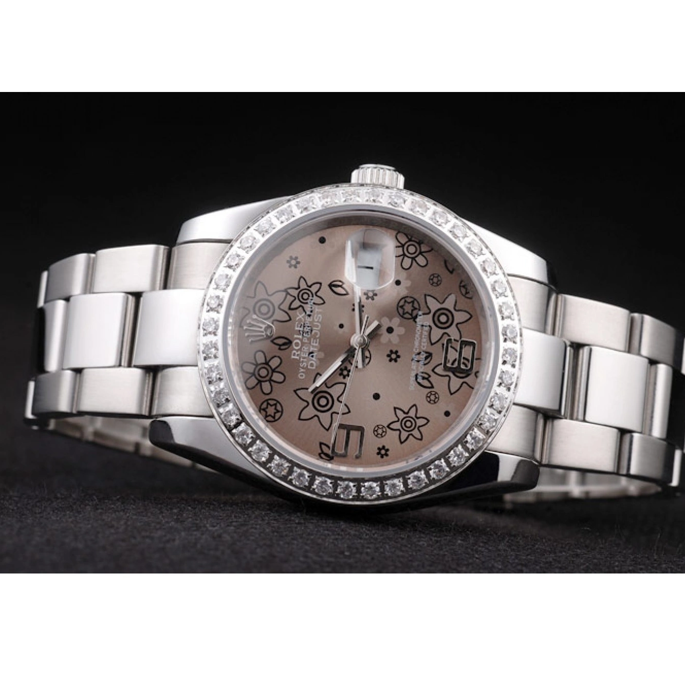Aaa replica watch Brown Flowers Plated Datejust Dial Diamond Steel Rolex Stainless Polished 0606